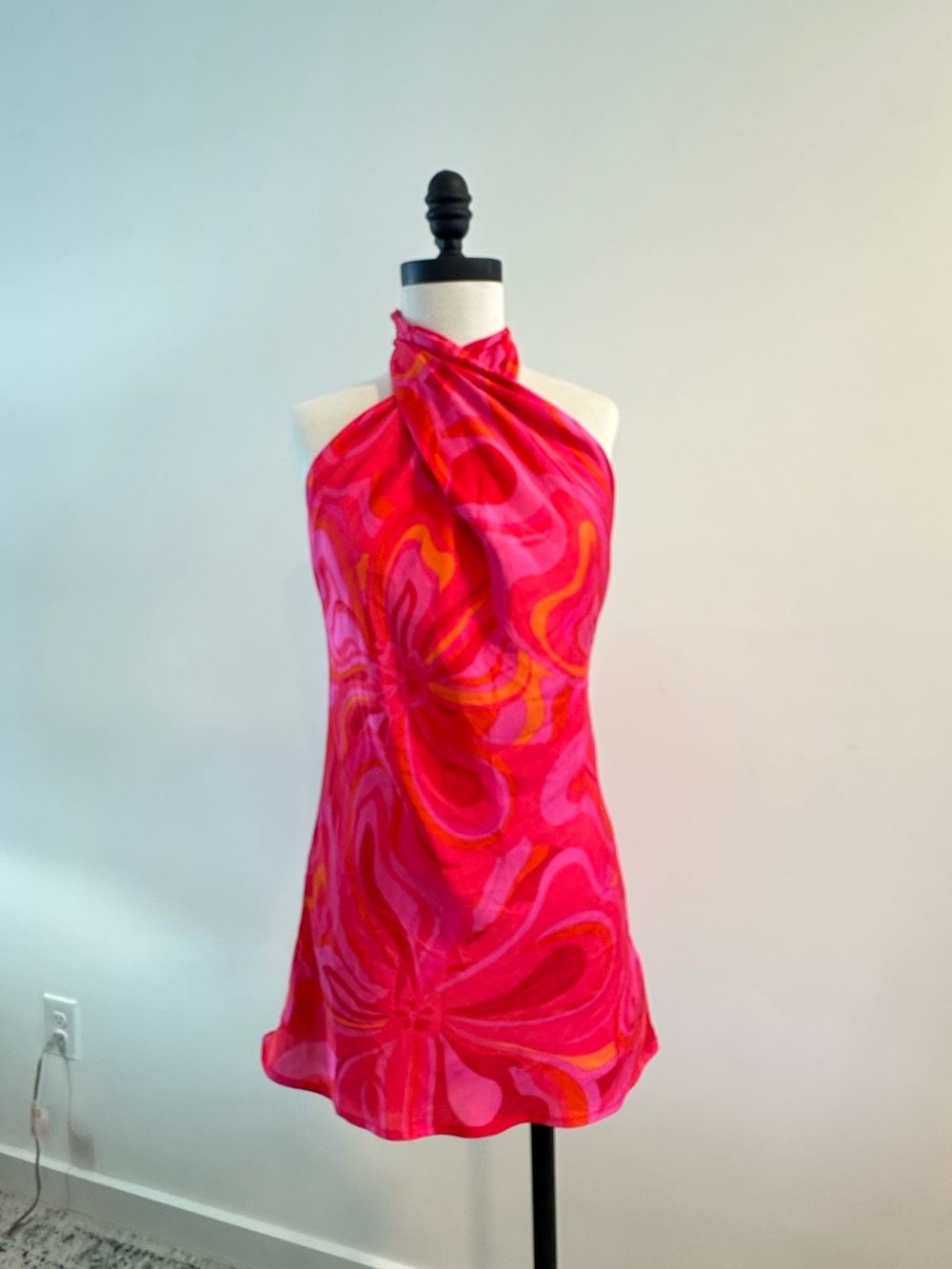 Olivaceous Bright Pink Swirl Halter Dress